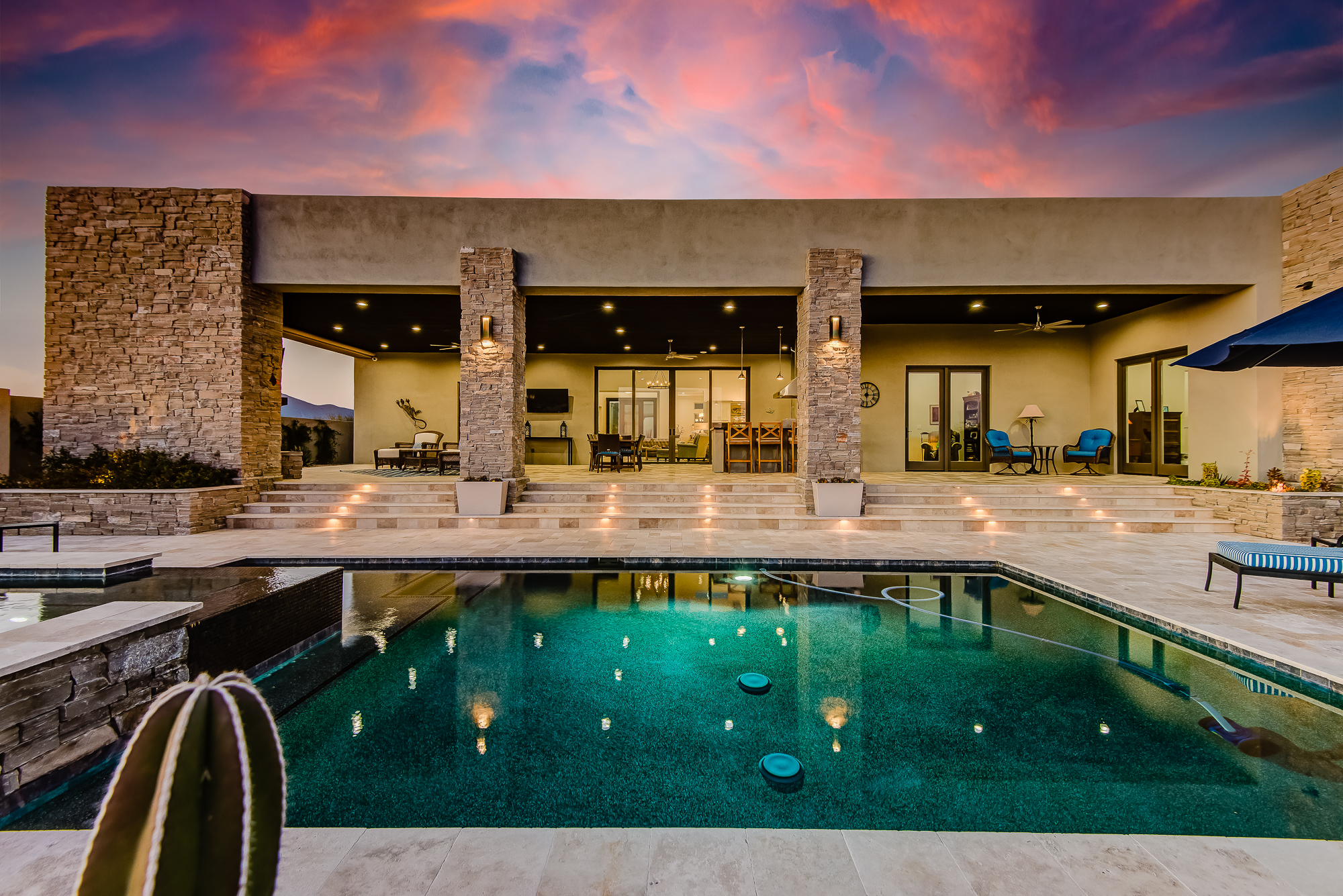 pool and patio at sunset photo